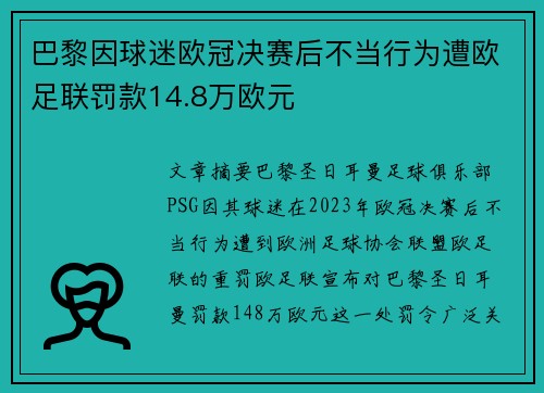 巴黎因球迷欧冠决赛后不当行为遭欧足联罚款14.8万欧元