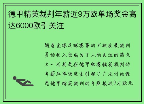 德甲精英裁判年薪近9万欧单场奖金高达6000欧引关注