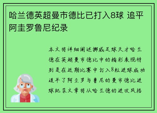 哈兰德英超曼市德比已打入8球 追平阿圭罗鲁尼纪录