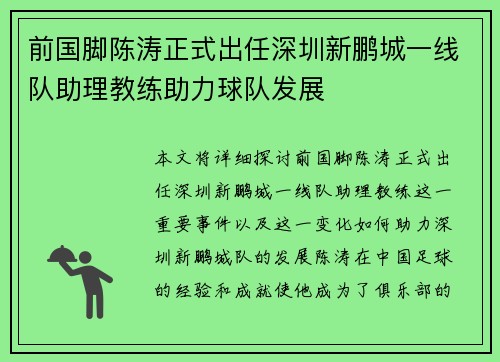 前国脚陈涛正式出任深圳新鹏城一线队助理教练助力球队发展